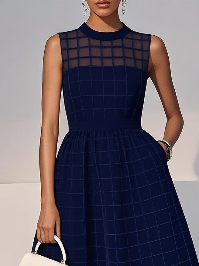Black Organza Mesh Plaid Classic Crew Neck Sleeveless A-Line Midi Dress