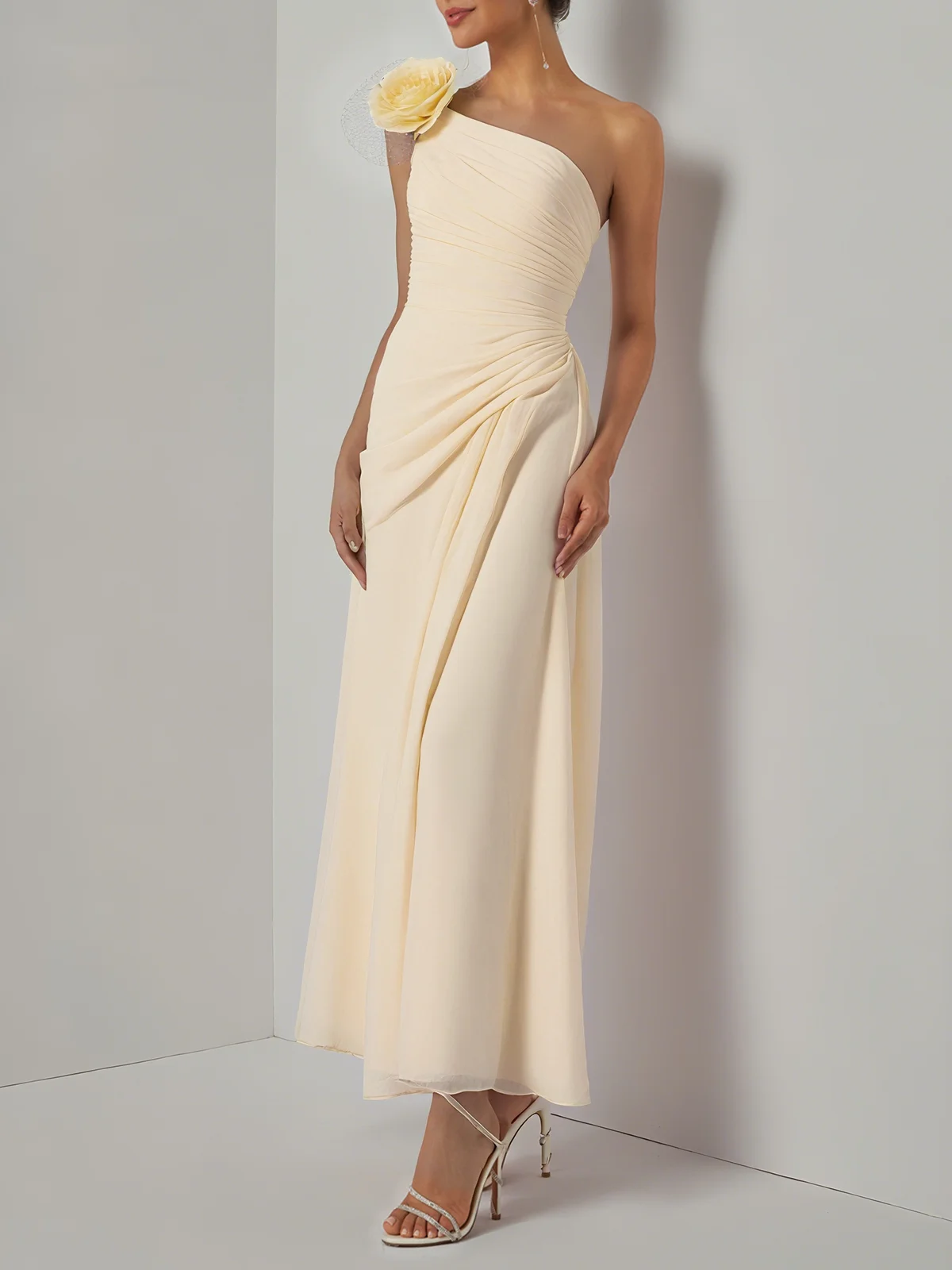 Pink 3D Floral Chiffon One Shoulder Sleeveless Sheath Gown Dress