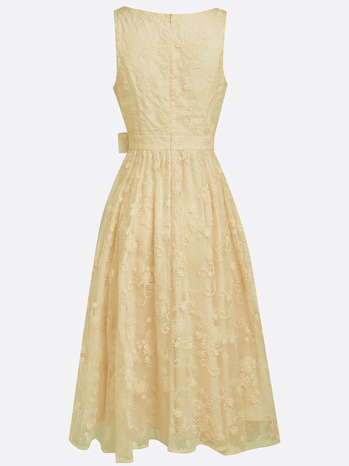 Light Pink Bow Embroidery Classic V Neck Sleeveless A-Line Midi Dress
