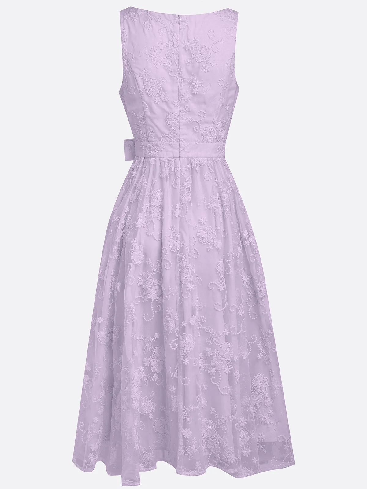 Light Blue Bow Embroidery Classic V Neck Sleeveless A-Line Midi Dress