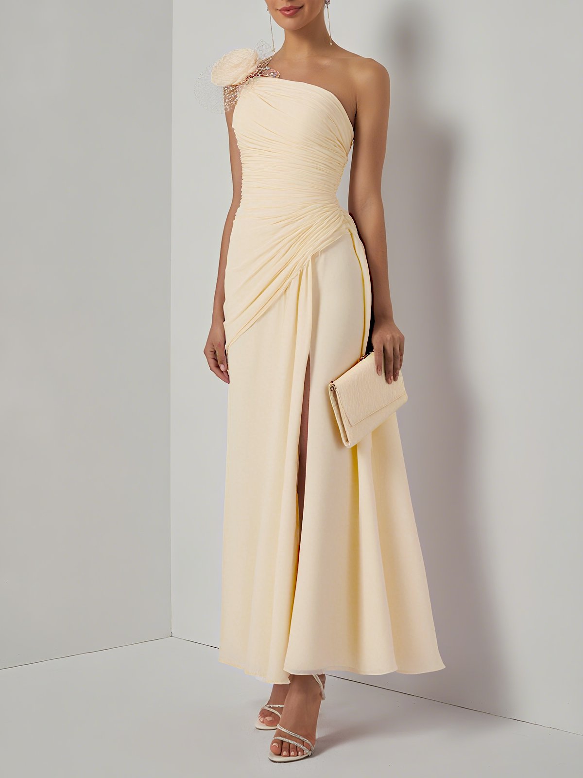 Pink 3D Floral Chiffon One Shoulder Sleeveless Sheath Gown Dress