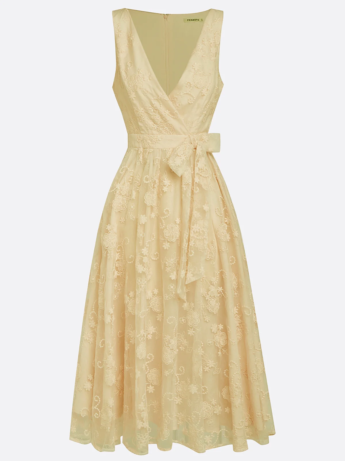 Light Pink Bow Embroidery Classic V Neck Sleeveless A-Line Midi Dress