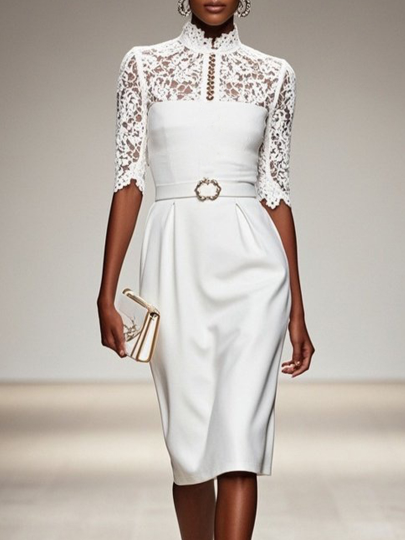 White Lace Classic Mock Neck Half Sleeve Sheath Midi Dress