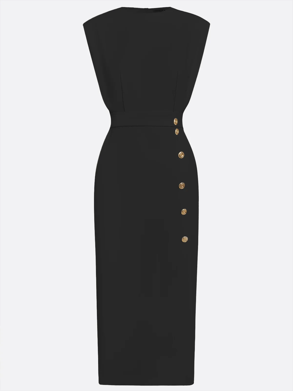 Off White Button Side-Slit Classic Crew Neck Sleeveless Sheath Midi Dress