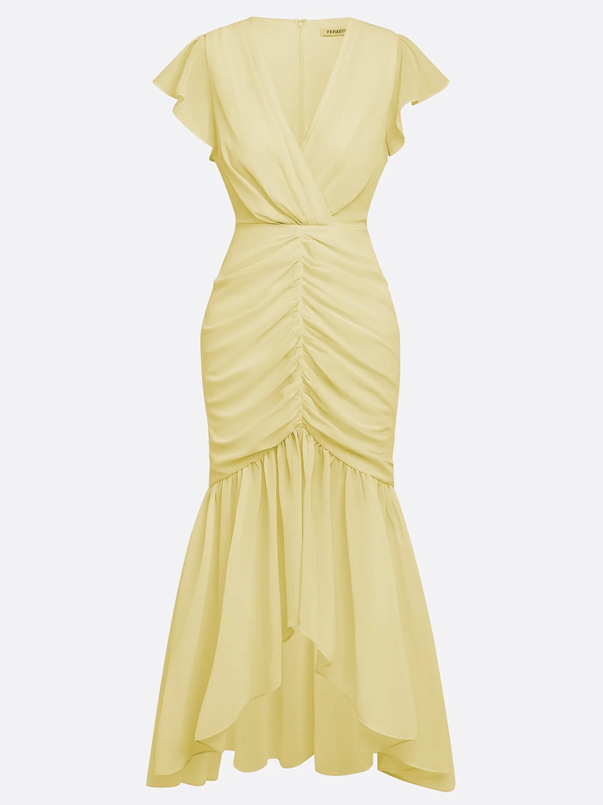 Purplish Blue Shirred Ruched Chiffon Lotus Leaf Collar Cap Sleeve Ruffle Sleeve Mermaid Midi Dress