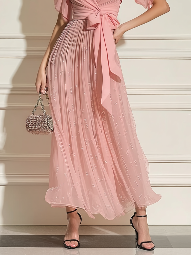 Pink Ruched Bow Chiffon V Neck Short Sleeve Sheath Maxi Dress