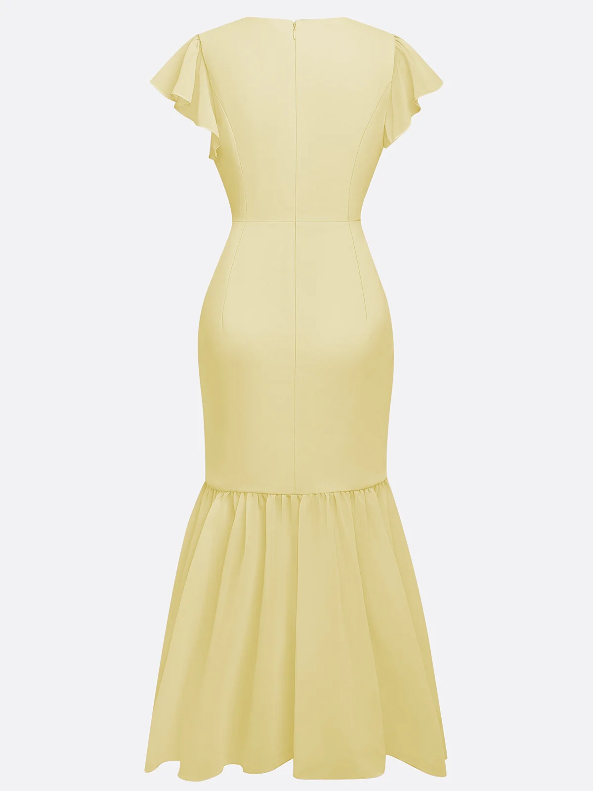 Purplish Blue Shirred Ruched Chiffon Lotus Leaf Collar Cap Sleeve Ruffle Sleeve Mermaid Midi Dress