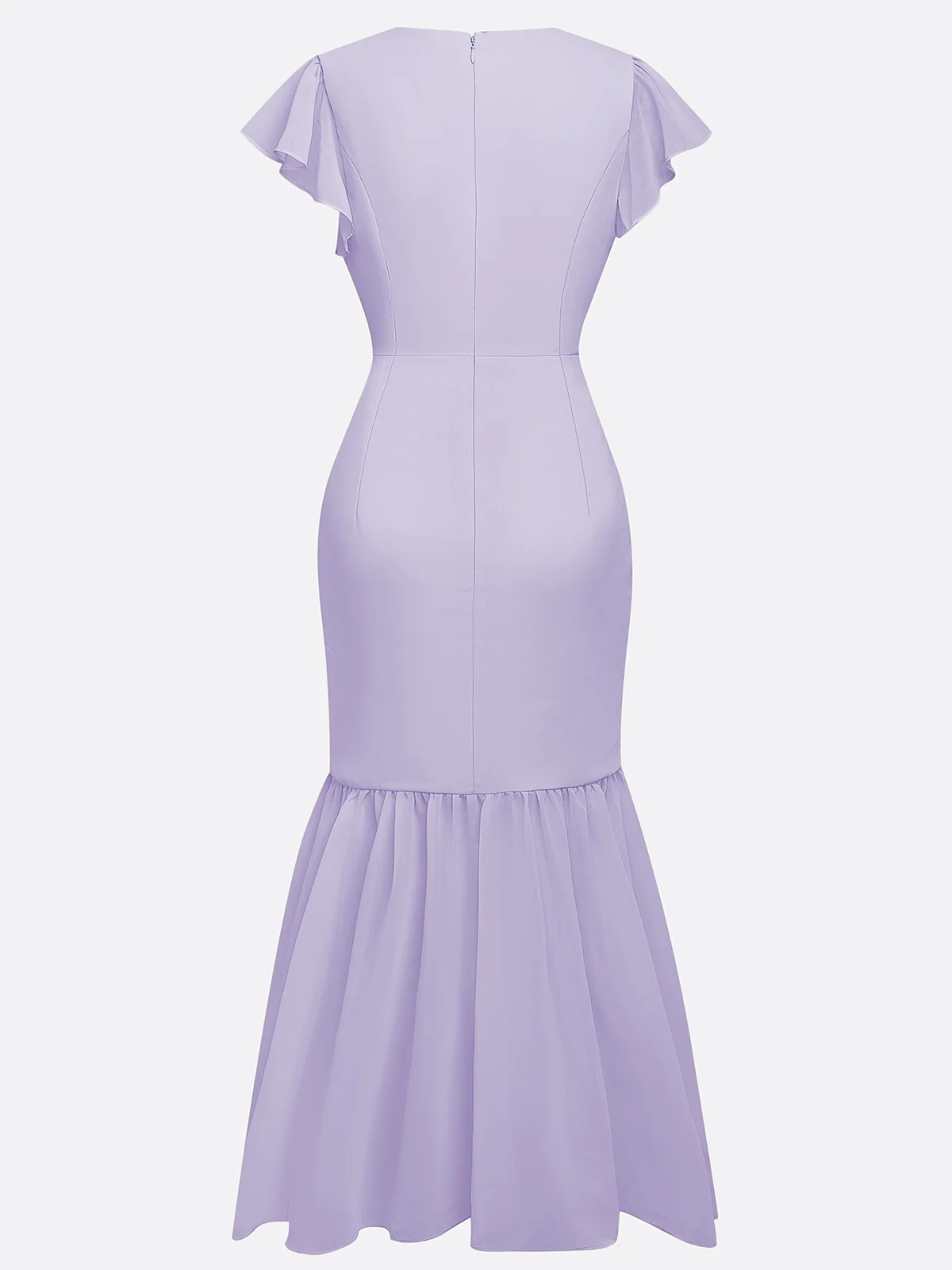 Purplish Blue Shirred Ruched Chiffon Lotus Leaf Collar Cap Sleeve Ruffle Sleeve Mermaid Midi Dress