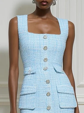 Blue Buckle Slit Tweed Square Neck Sleeveless Sheath Midi Dress