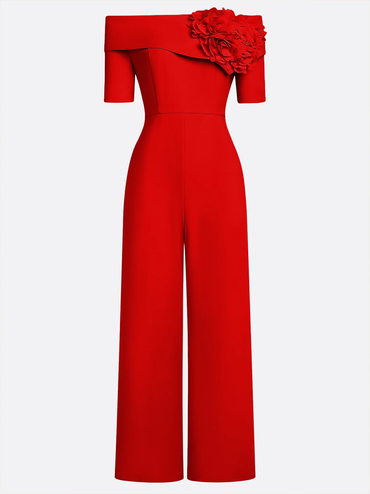 Women Pink 3D Floral Off The Shoulder Short Sleeve Dressy Jumpsuit