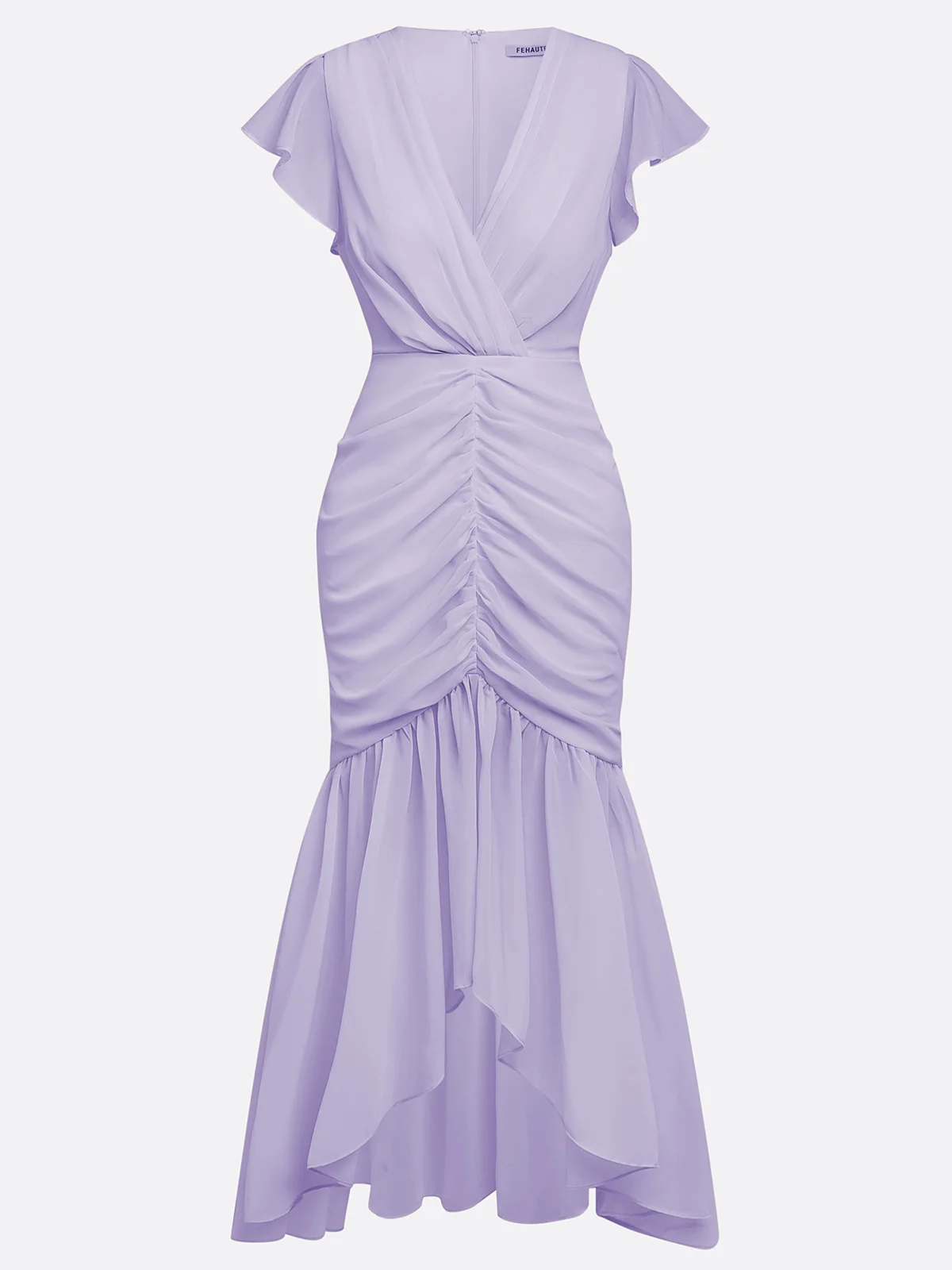Purplish Blue Shirred Ruched Chiffon Lotus Leaf Collar Cap Sleeve Ruffle Sleeve Mermaid Midi Dress