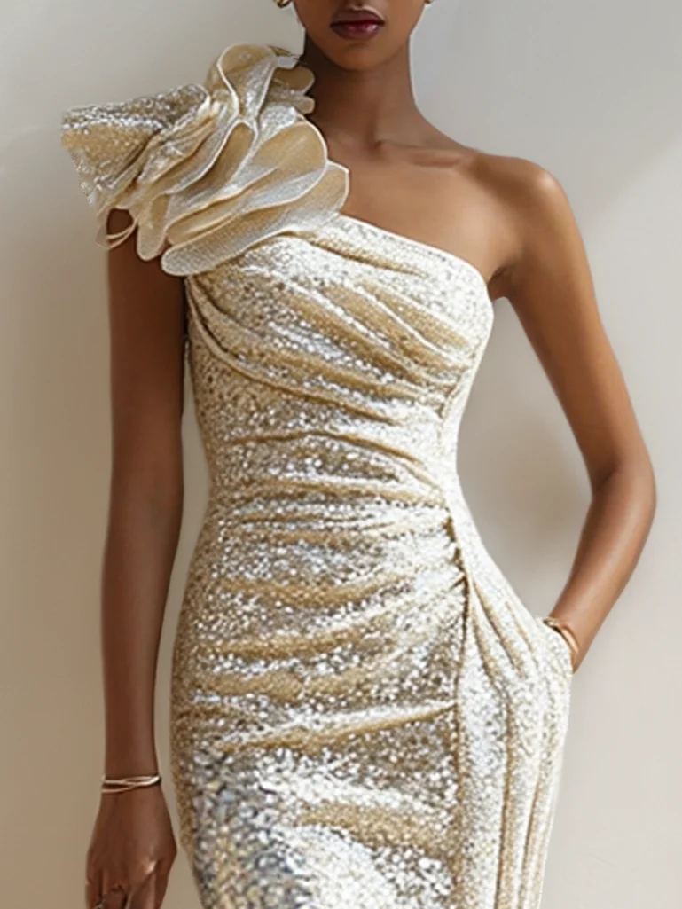 Silver 3D Floral Ruched Sequin One Shoulder Sleeveless Mermaid Maxi Dress
