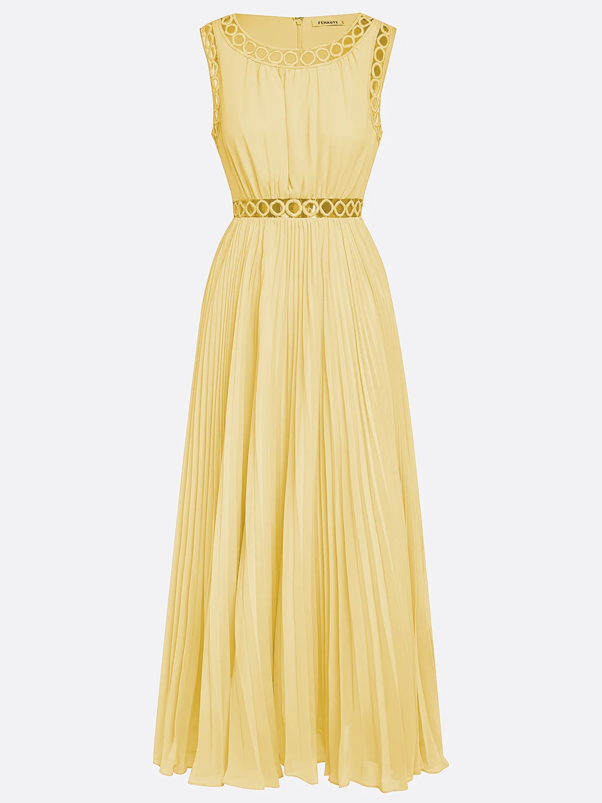 Orange Hollow Out Pleated Chiffon Crew Neck Sleeveless A-Line Maxi Dress