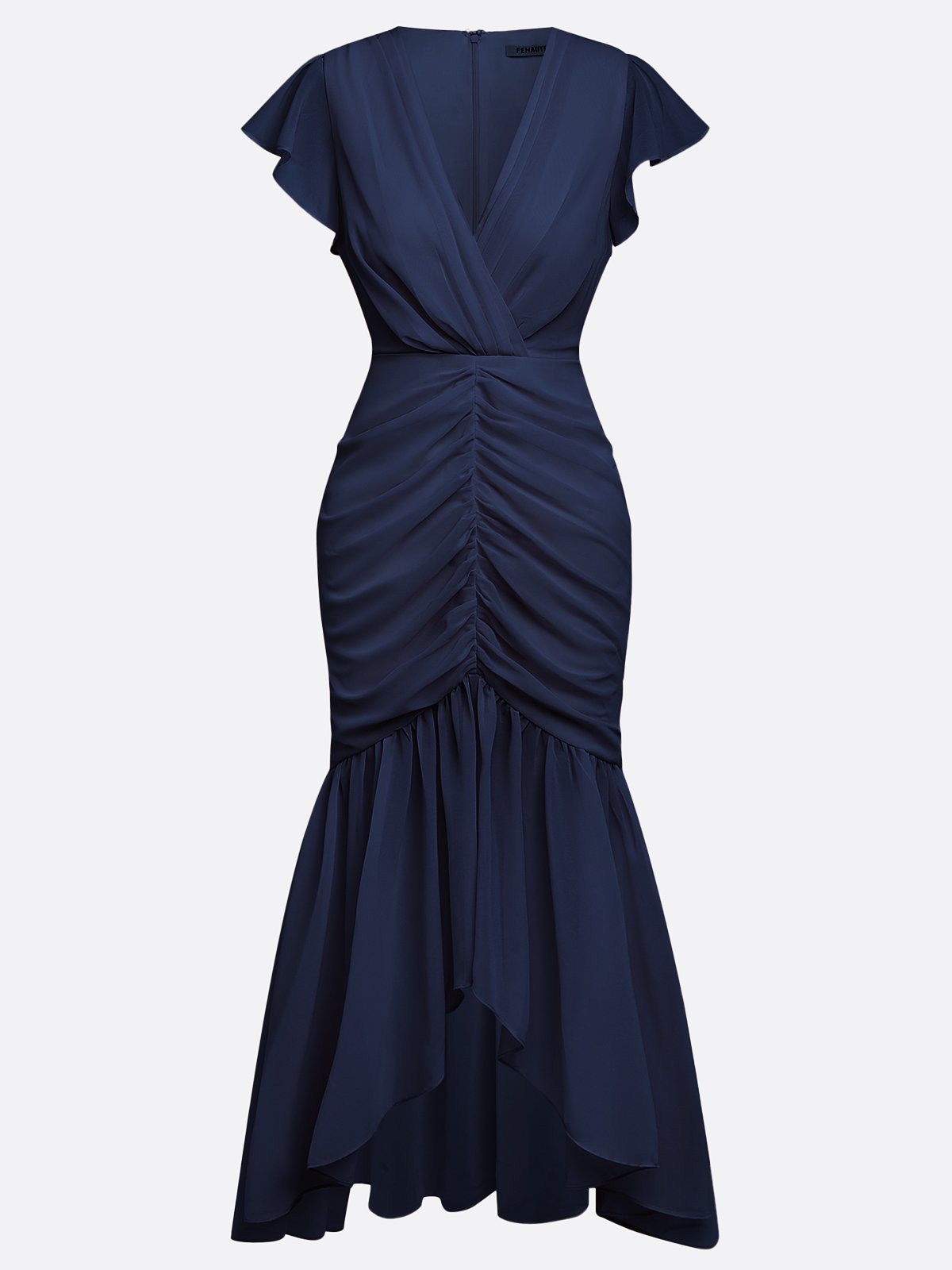 Purplish Blue Shirred Ruched Chiffon Lotus Leaf Collar Cap Sleeve Ruffle Sleeve Mermaid Midi Dress