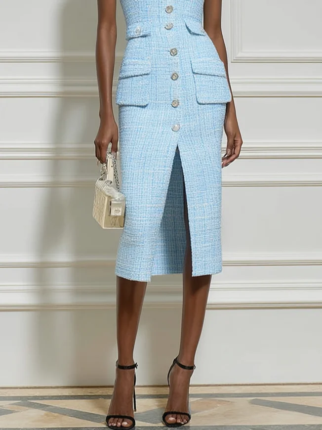 Blue Buckle Slit Tweed Square Neck Sleeveless Sheath Midi Dress