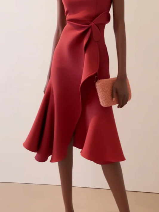 Red Asymmetric Ruffled Cotton Boat Neck Sleeveless A-Line Midi Dress