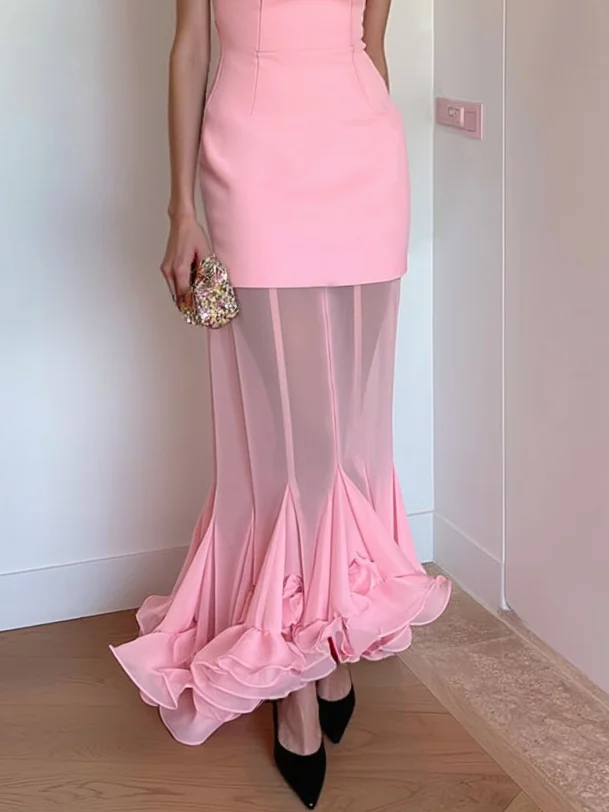 Pink Split Joint Peplum Classic Boat Neck Sleeveless Mermaid Maxi Dress