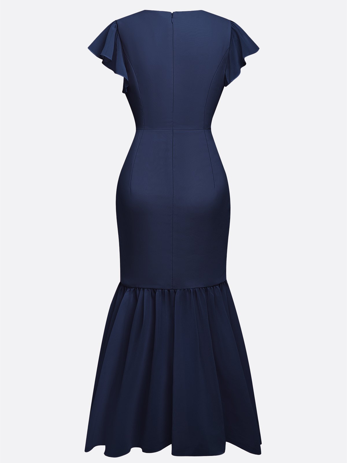 Purplish Blue Shirred Ruched Chiffon Lotus Leaf Collar Cap Sleeve Ruffle Sleeve Mermaid Midi Dress
