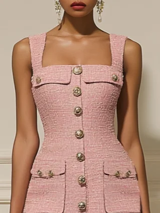 Pink Buckle Pocket Stitching Tweed Spaghetti Sleeveless Sheath Midi Dress
