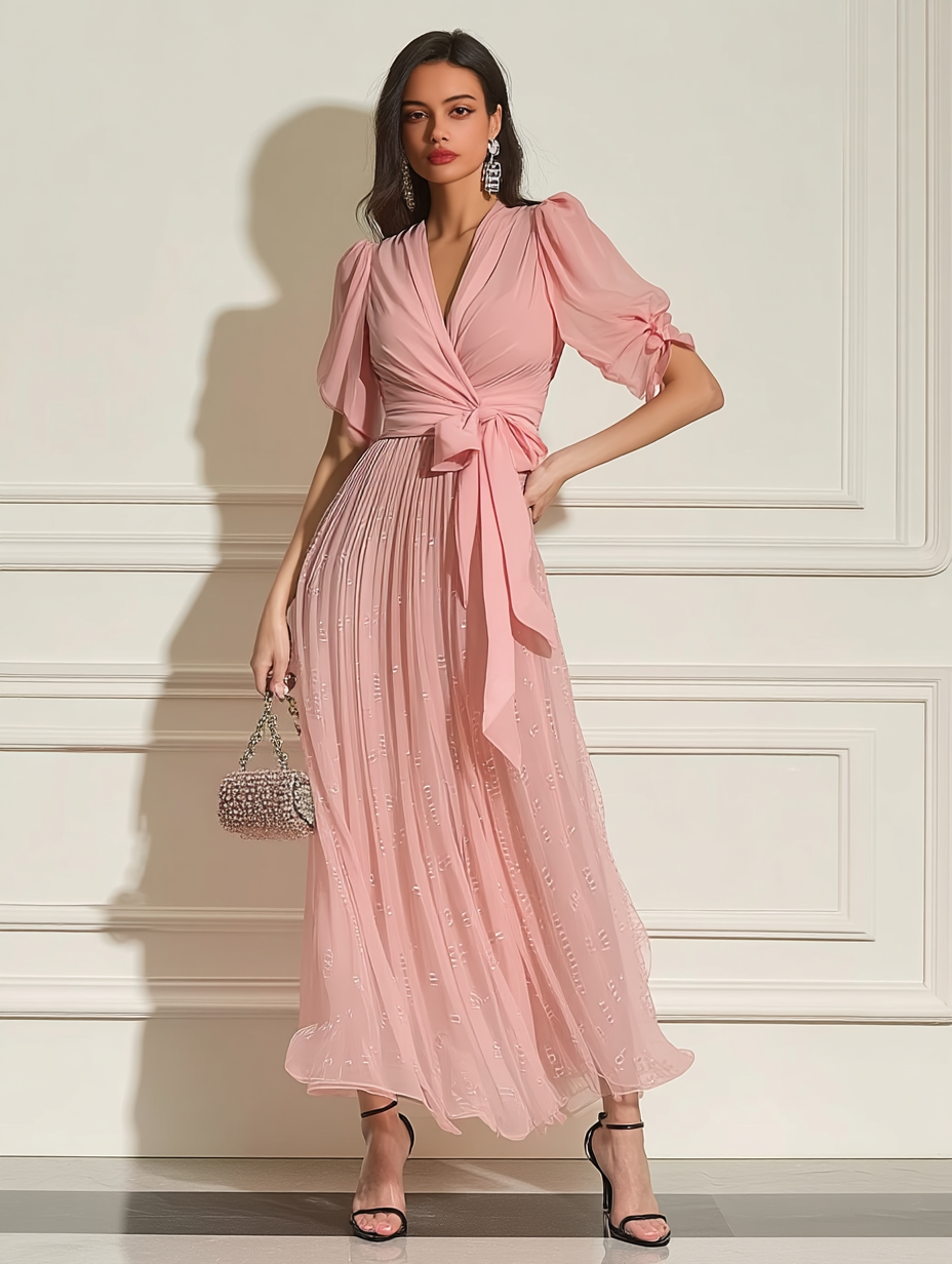 Pink Ruched Bow Chiffon V Neck Short Sleeve Sheath Maxi Dress