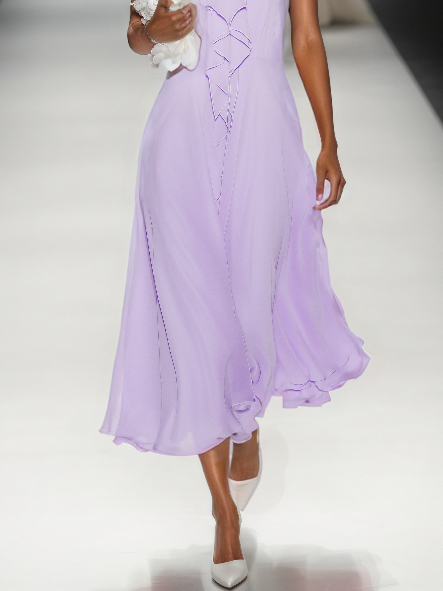 Pink Bow Peplum Chiffon Crew Neck Sleeveless A-Line Midi Dress