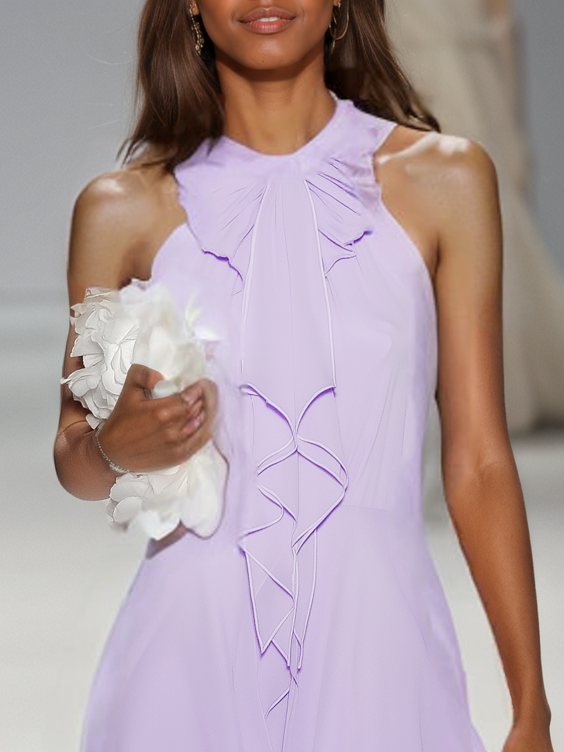 Pink Bow Peplum Chiffon Crew Neck Sleeveless A-Line Midi Dress