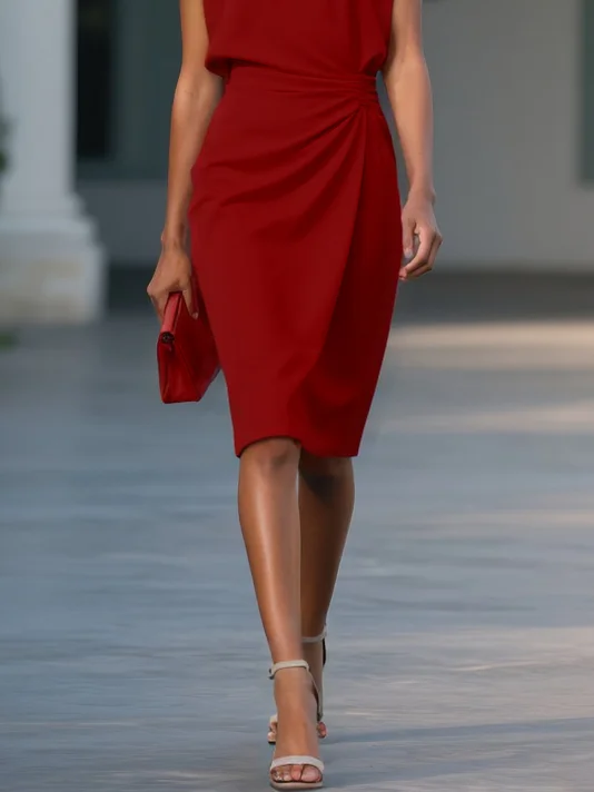 Light Blue Ruched Cut Out Classic Crew Neck Cap Sleeve Sheath Midi Dress