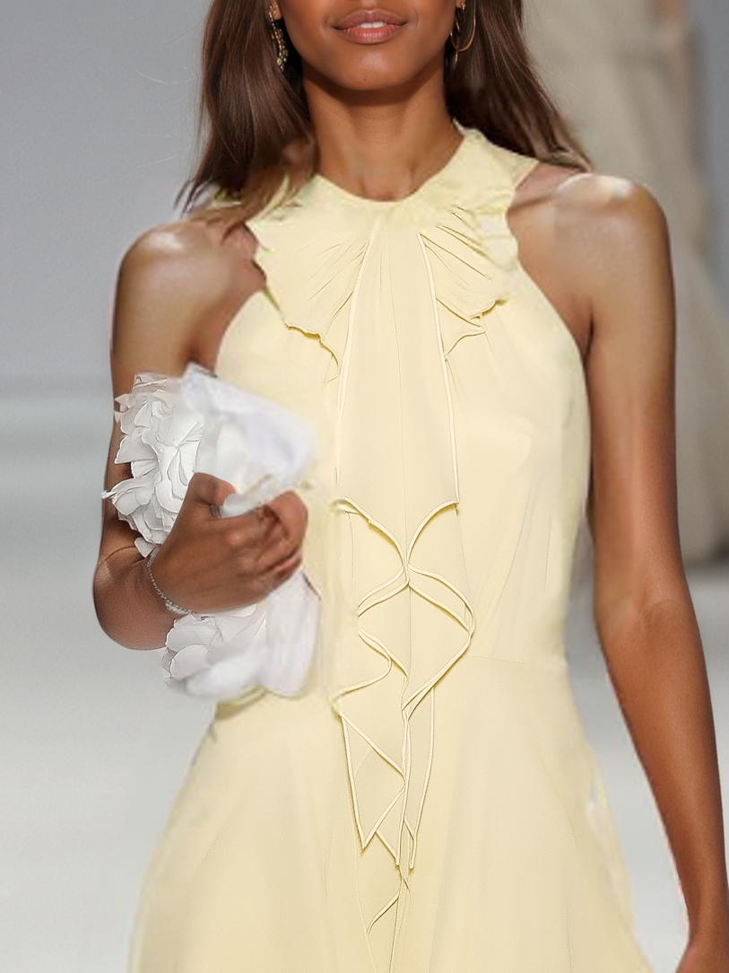 Pink Bow Peplum Chiffon Crew Neck Sleeveless A-Line Midi Dress
