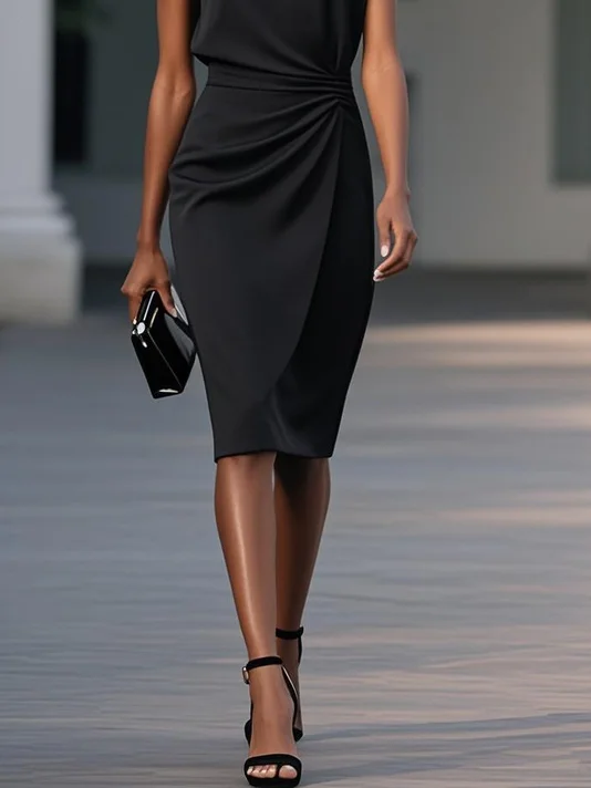 Light Blue Ruched Cut Out Classic Crew Neck Cap Sleeve Sheath Midi Dress