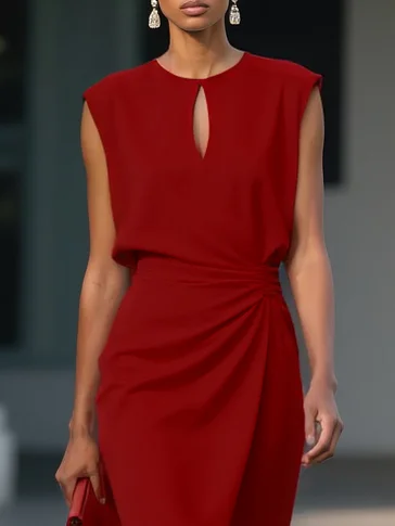 Light Blue Ruched Cut Out Classic Crew Neck Cap Sleeve Sheath Midi Dress