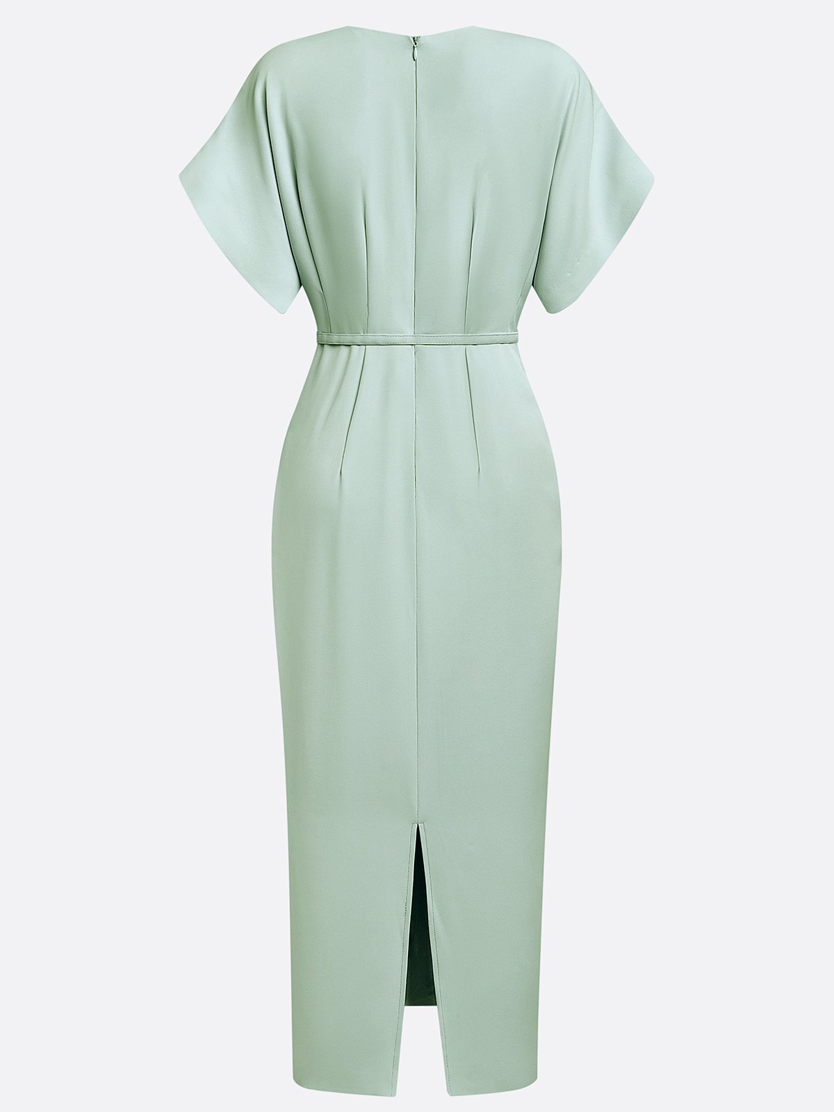 Light Blue Slit Classic V Neck Short Sleeve Dolman Sleeve Sheath Midi Dress With Belt