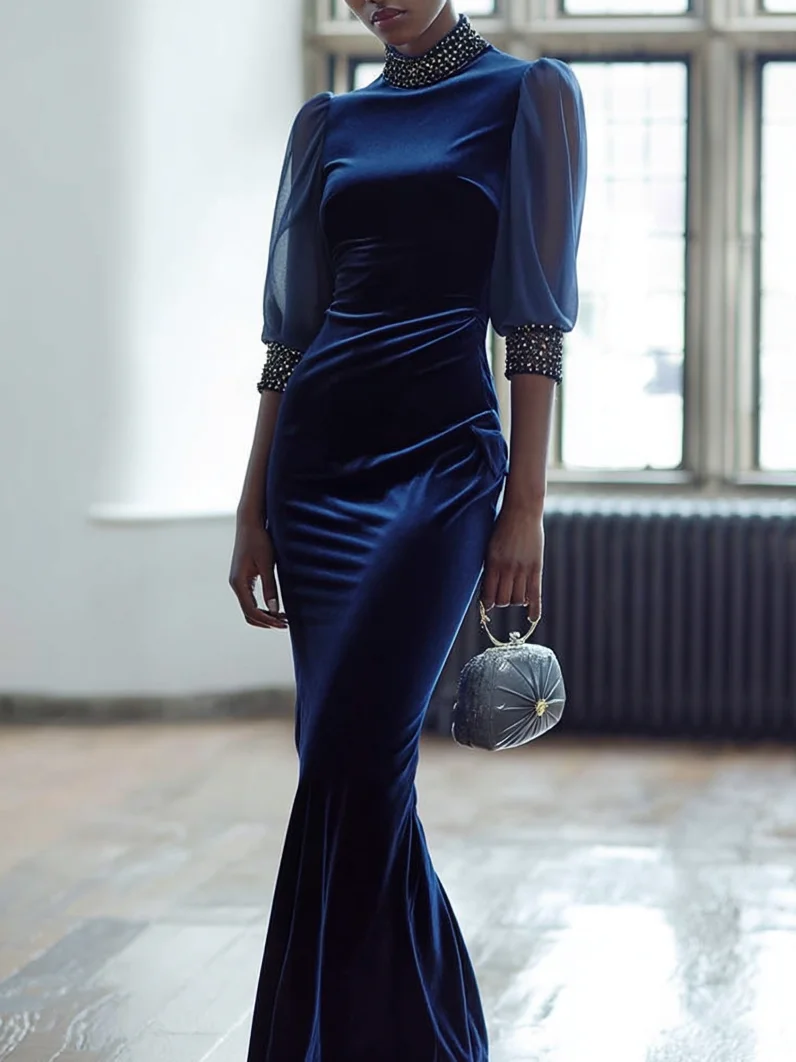 Royal Blue Rhinestone Velvet Stand Collar Half Sleeve Mermaid Maxi Dress