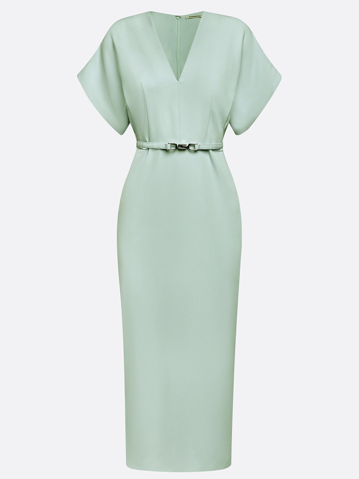 Light Blue Slit Classic V Neck Short Sleeve Dolman Sleeve Sheath Midi Dress With Belt