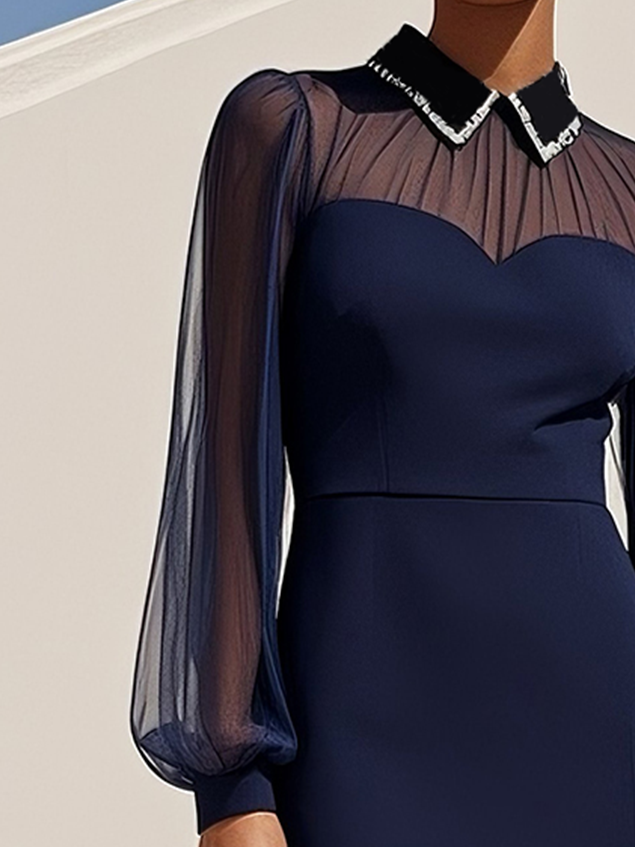 Navy Blue Mesh Rhinestone Classic Shirt Collar Long Sleeve Balloon Sleeve Sheath Midi Dress