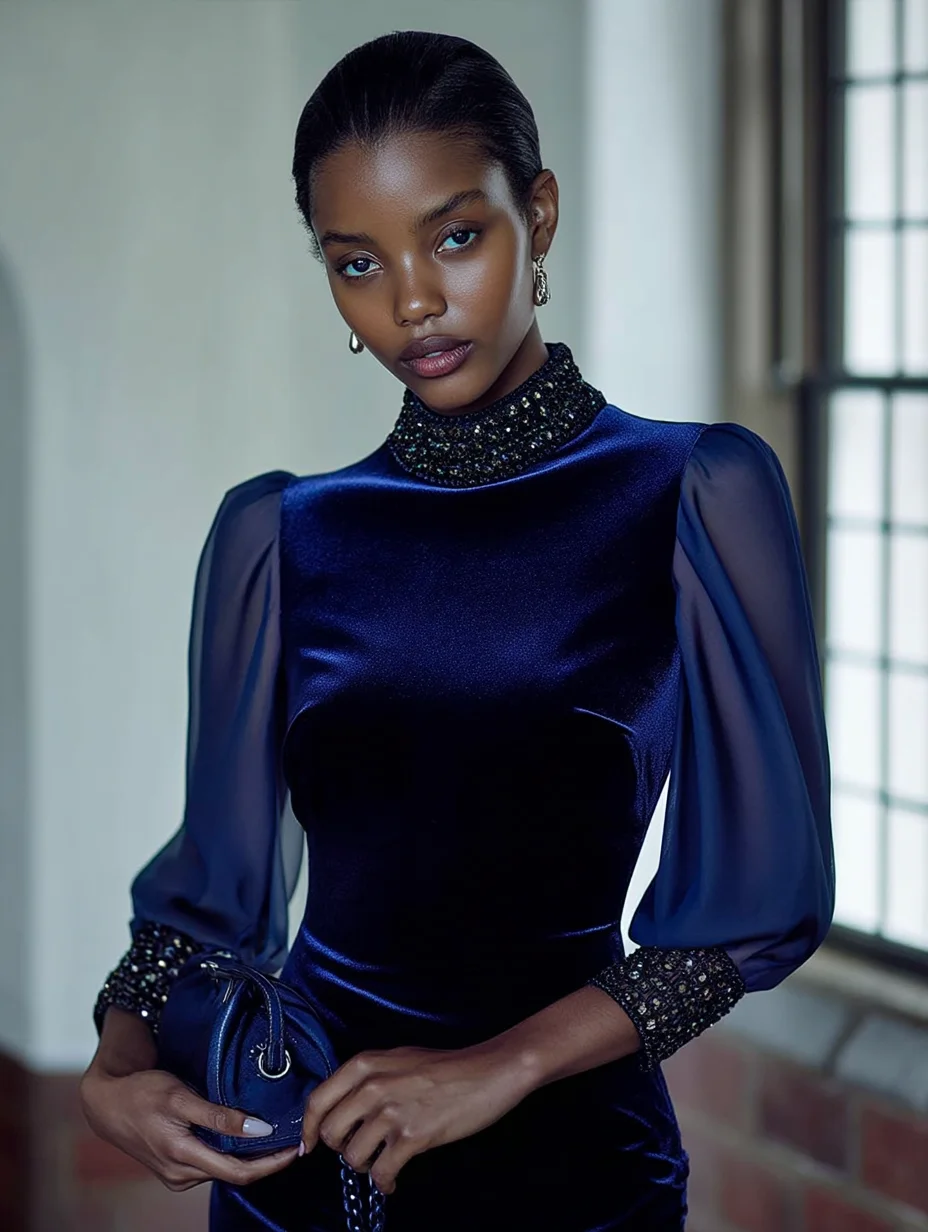Royal Blue Rhinestone Velvet Stand Collar Half Sleeve Mermaid Maxi Dress