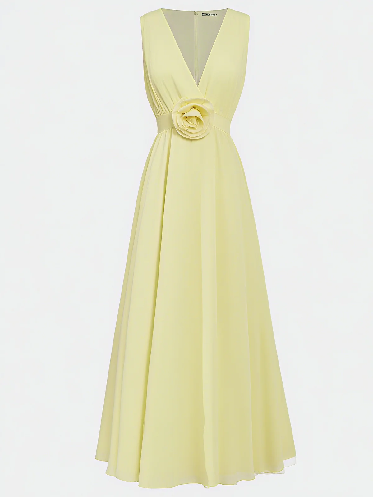 Pink 3D Floral Pleated Chiffon V Neck Sleeveless A-Line Maxi Dress