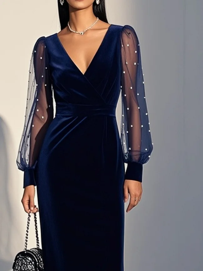 Navy Blue Mesh Imitation Pearls Velvet V Neck Long Sleeve Balloon Sleeve Sheath Midi Dress