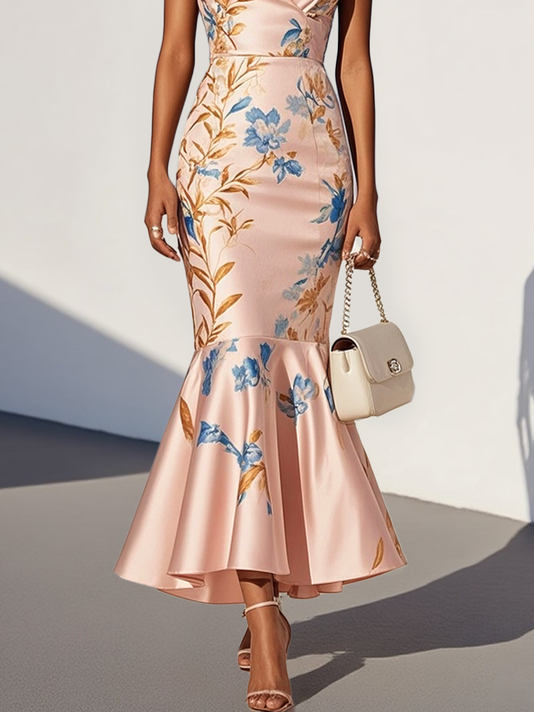 Pink Floral Satin Spaghetti Gallus Mermaid Midi Dress