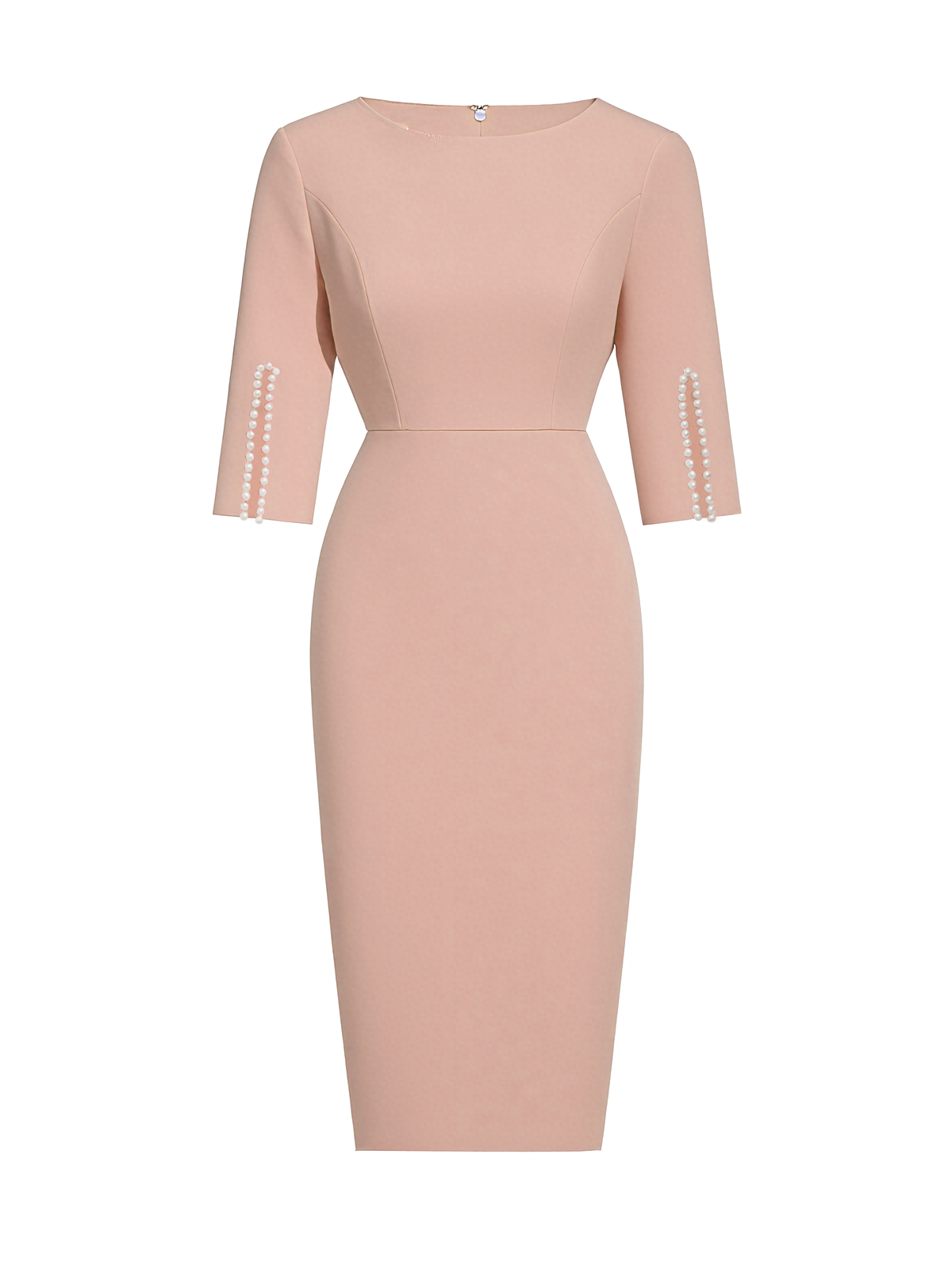 White Imitation Pearls Classic Crew Neck Half Sleeve Sheath Midi Dress