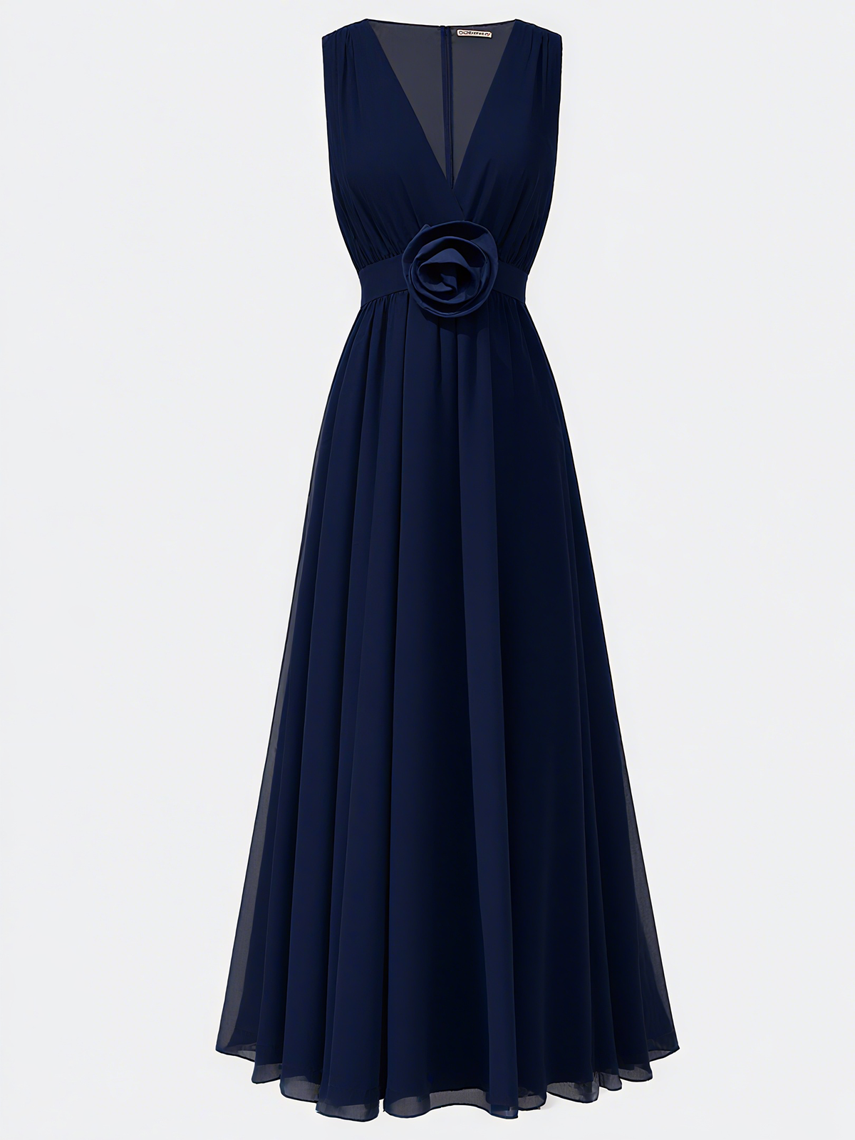 Purplish blue 3D Floral Pleated Chiffon V Neck Sleeveless A-Line Maxi Dress