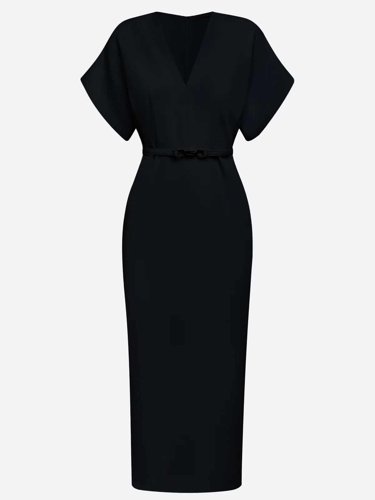 Light Blue Slit Classic V Neck Short Sleeve Dolman Sleeve Sheath Midi Dress With Belt