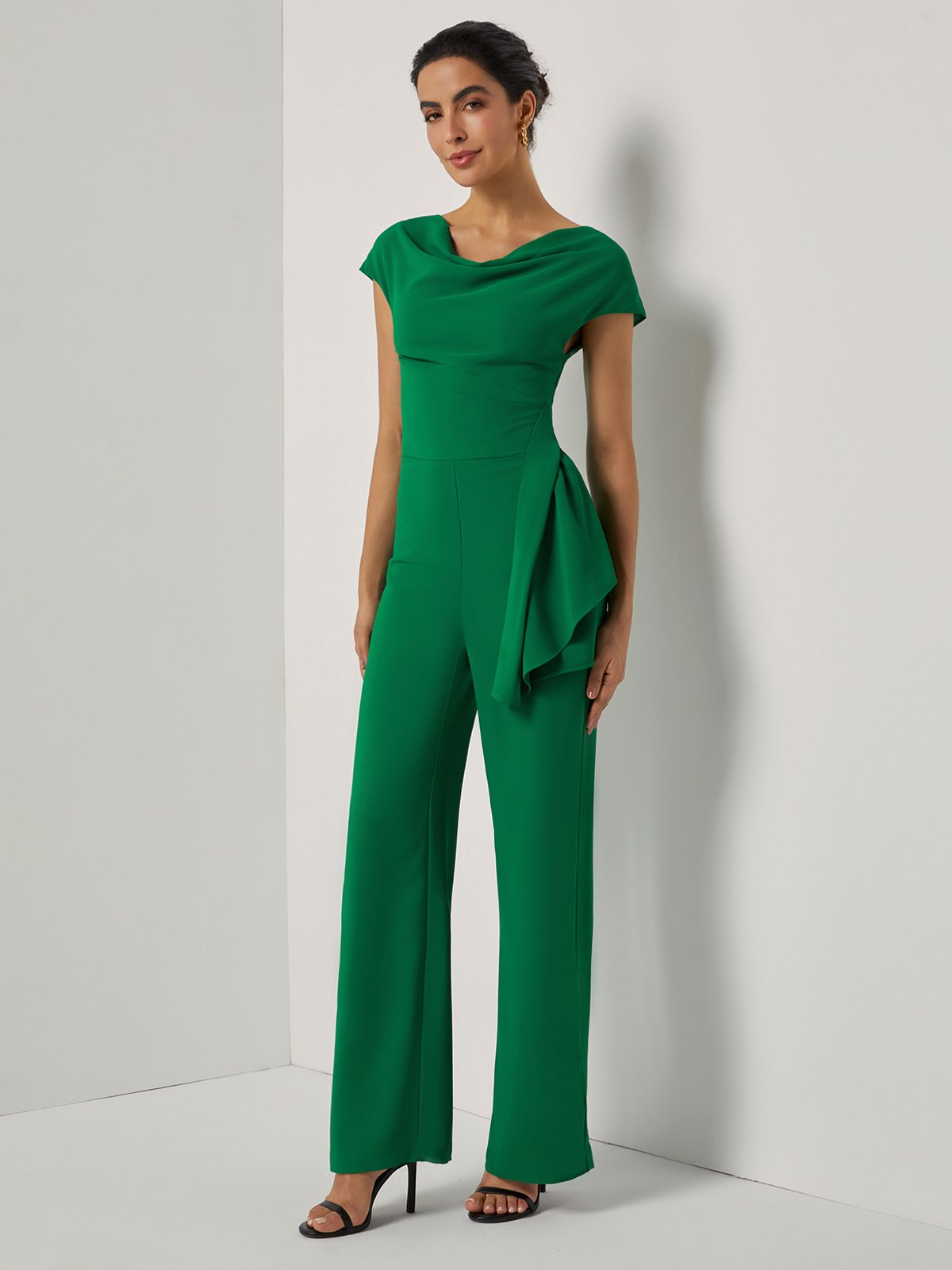 Women Green Ruched Cowl Neck Cap Sleeve Dressy Jumpsuit