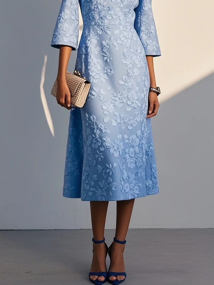 Blue Floral Jacquard Classic Crew Neck Three Quarter Sleeve A-Line Midi Dress