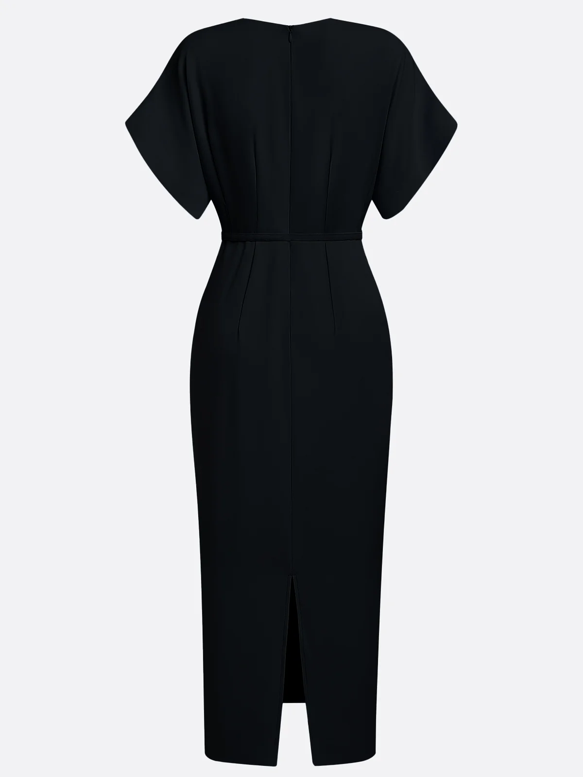 Light Blue Slit Classic V Neck Short Sleeve Dolman Sleeve Sheath Midi Dress With Belt