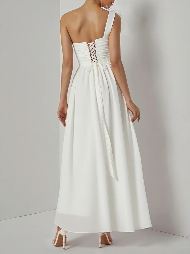 Pink Chiffon 3D Floral Ruched Slit One Shoulder Sleeveless Sheath Gown Dress