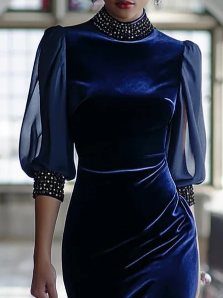 Royal Blue Rhinestone Velvet Stand Collar Half Sleeve Mermaid Maxi Dress