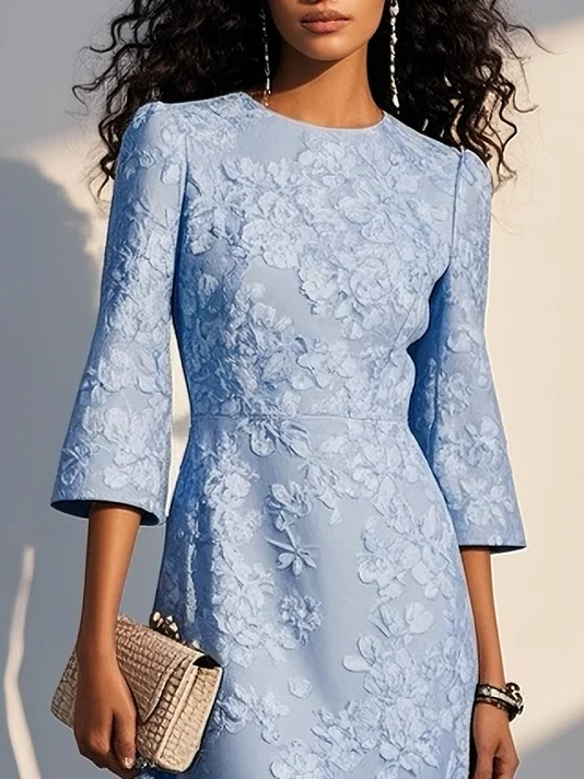 Blue Floral Jacquard Classic Crew Neck Three Quarter Sleeve A-Line Midi Dress