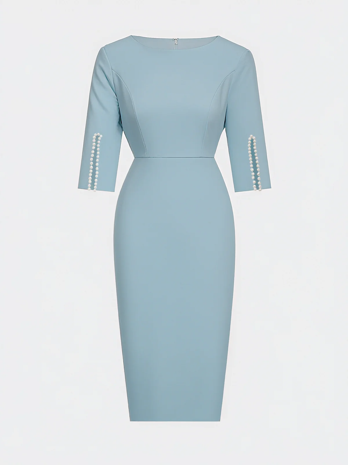 White Imitation Pearls Classic Crew Neck Half Sleeve Sheath Midi Dress