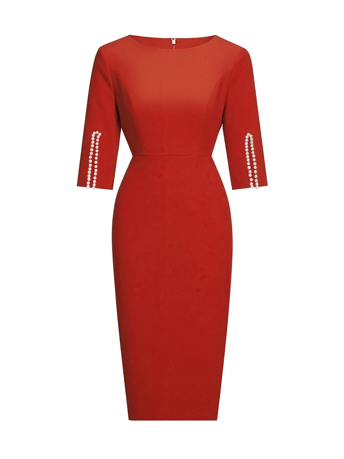 White Imitation Pearls Classic Crew Neck Half Sleeve Sheath Midi Dress