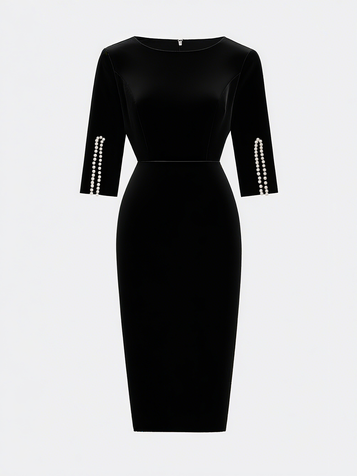 White Imitation Pearls Classic Crew Neck Half Sleeve Sheath Midi Dress